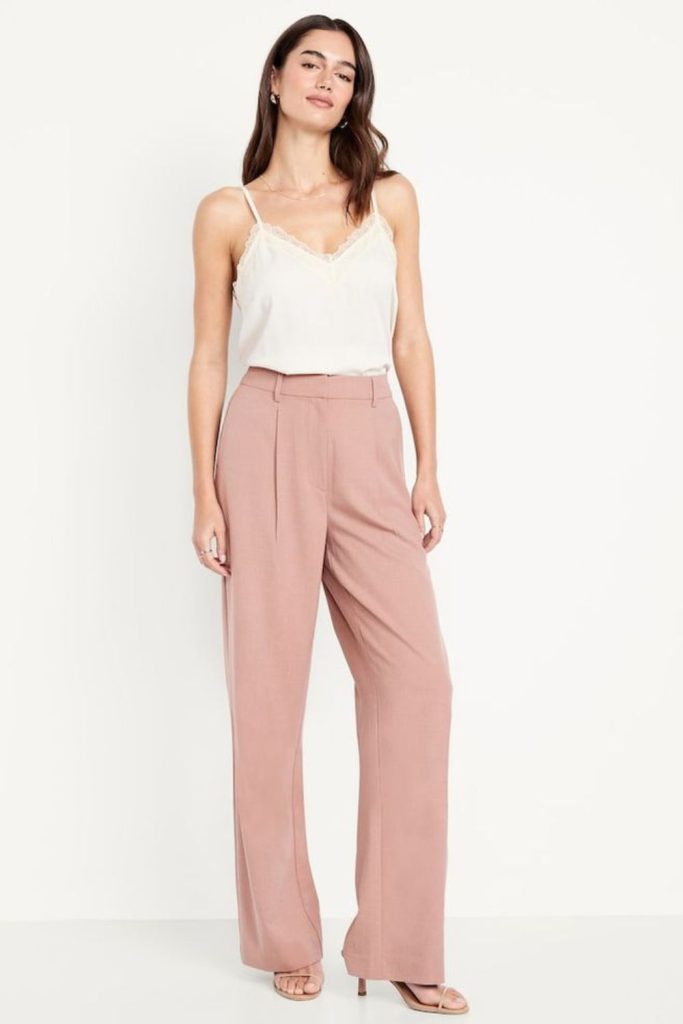 Mauve trousers with ivory top ensemble.
