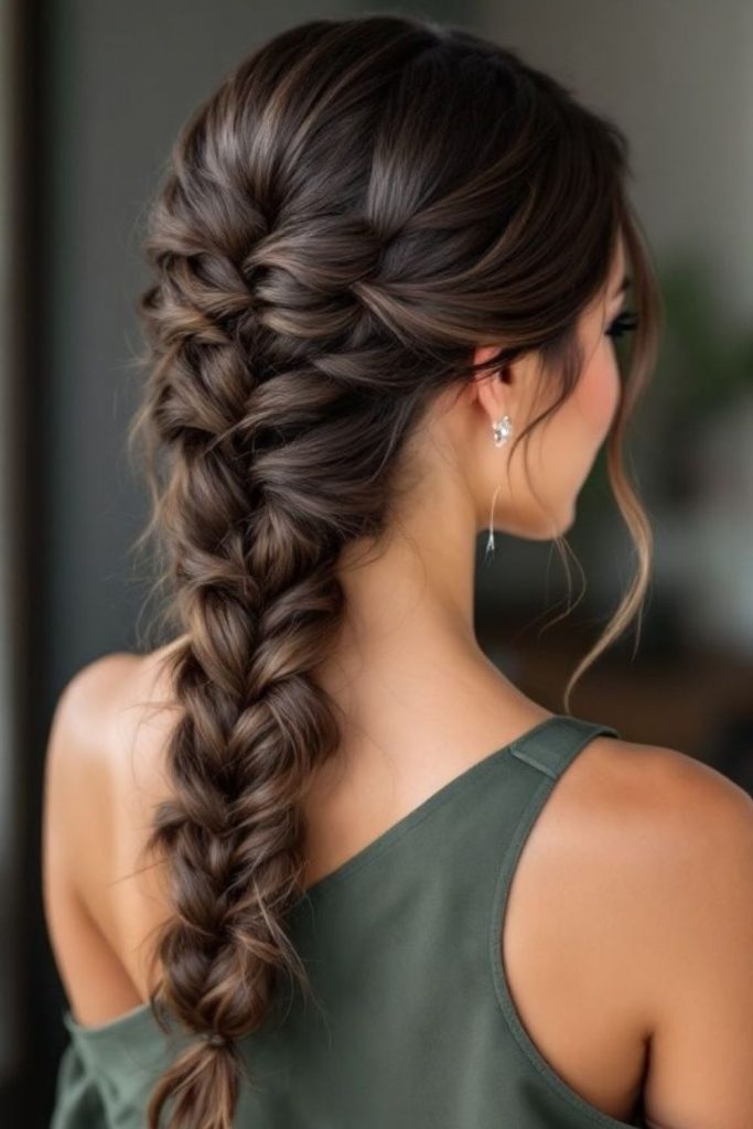 Intricate fishtail braid with texture.
