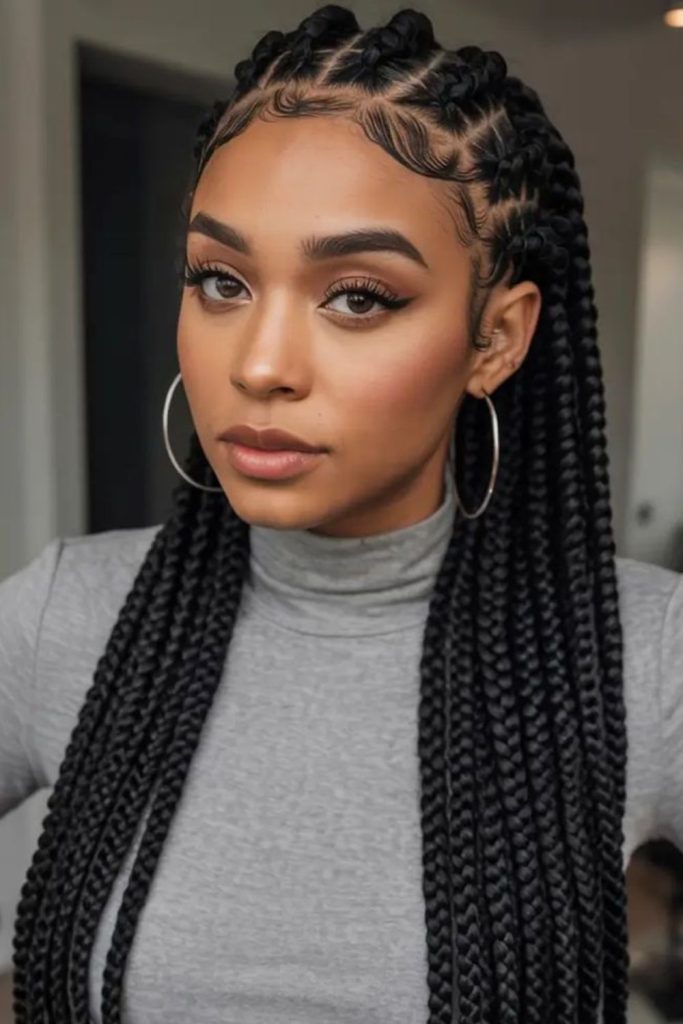 Sleek raven braids with depth.