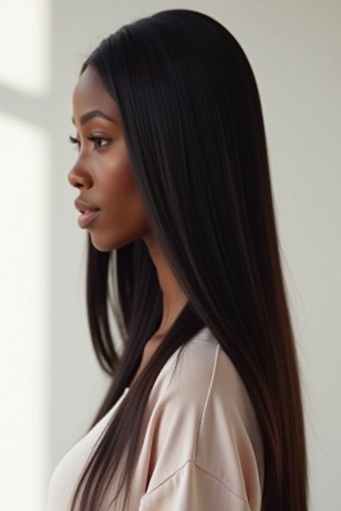 Sleek midnight black straight hairstyle shine.
