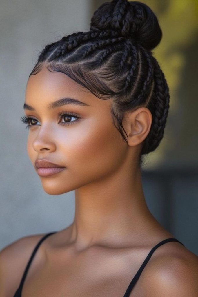 Cornrow top bun night elegance