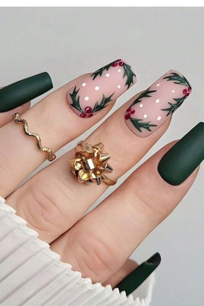 Mistletoe-inspired romantic holiday nails.
