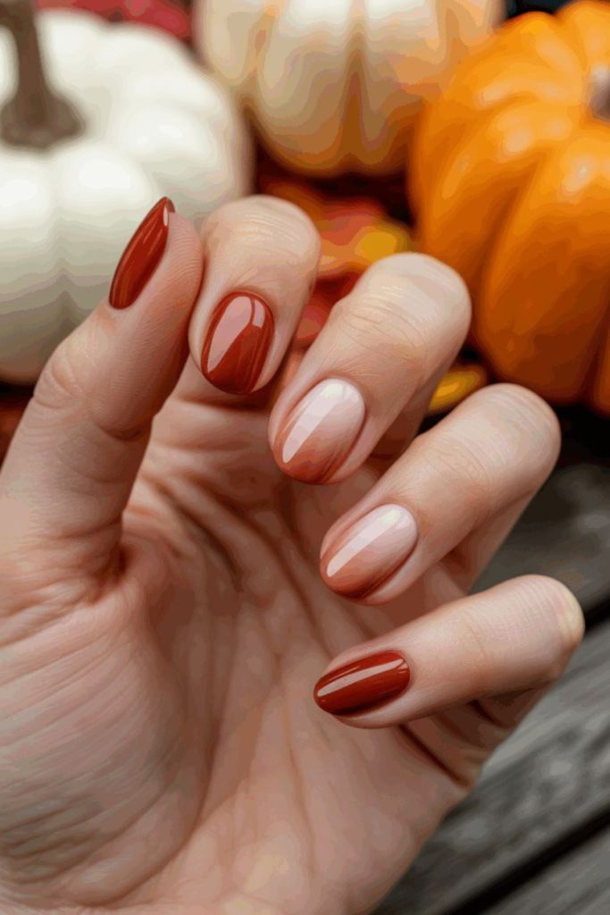 Muted pumpkin gray autumn nails.