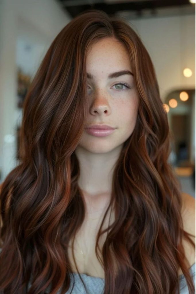 Mocha auburn hair with fiery highlights.