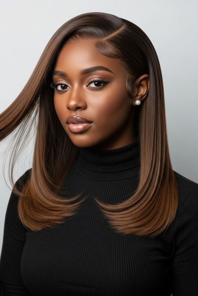 Mocha toned glossy straight hairstyle charm.