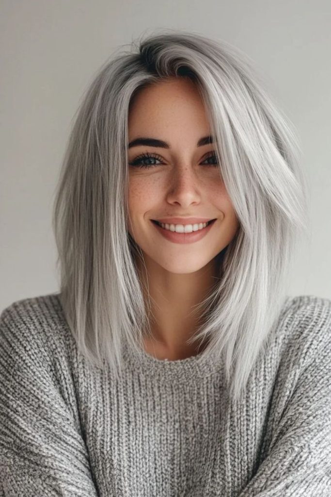Silver moonbeam straight shiny hair.