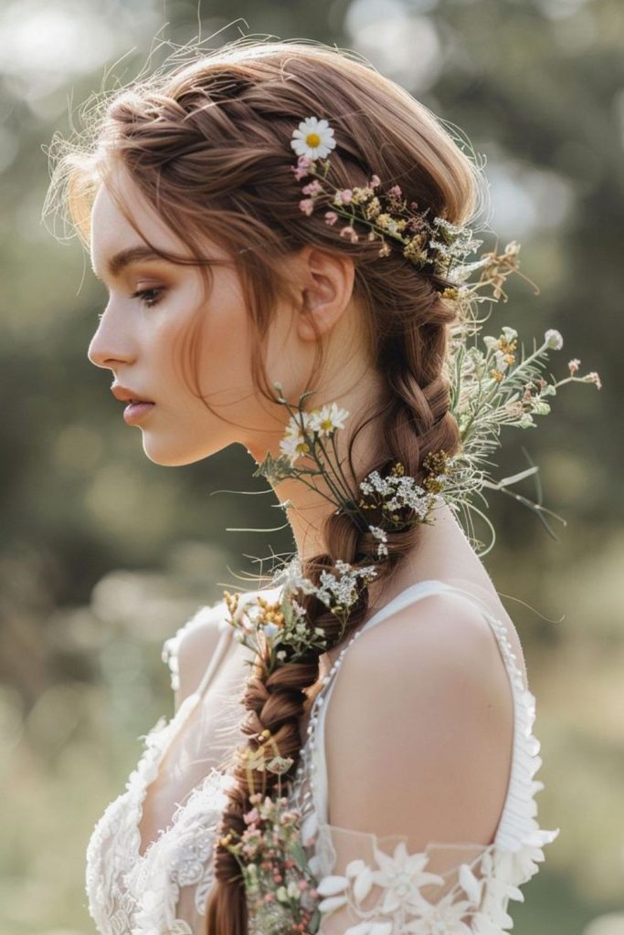 Messy boho braids with floral charm.