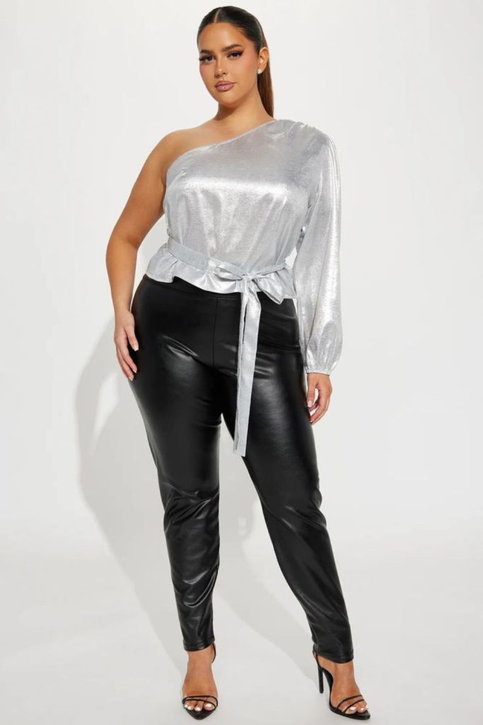 Silver shirt leather pants glam.