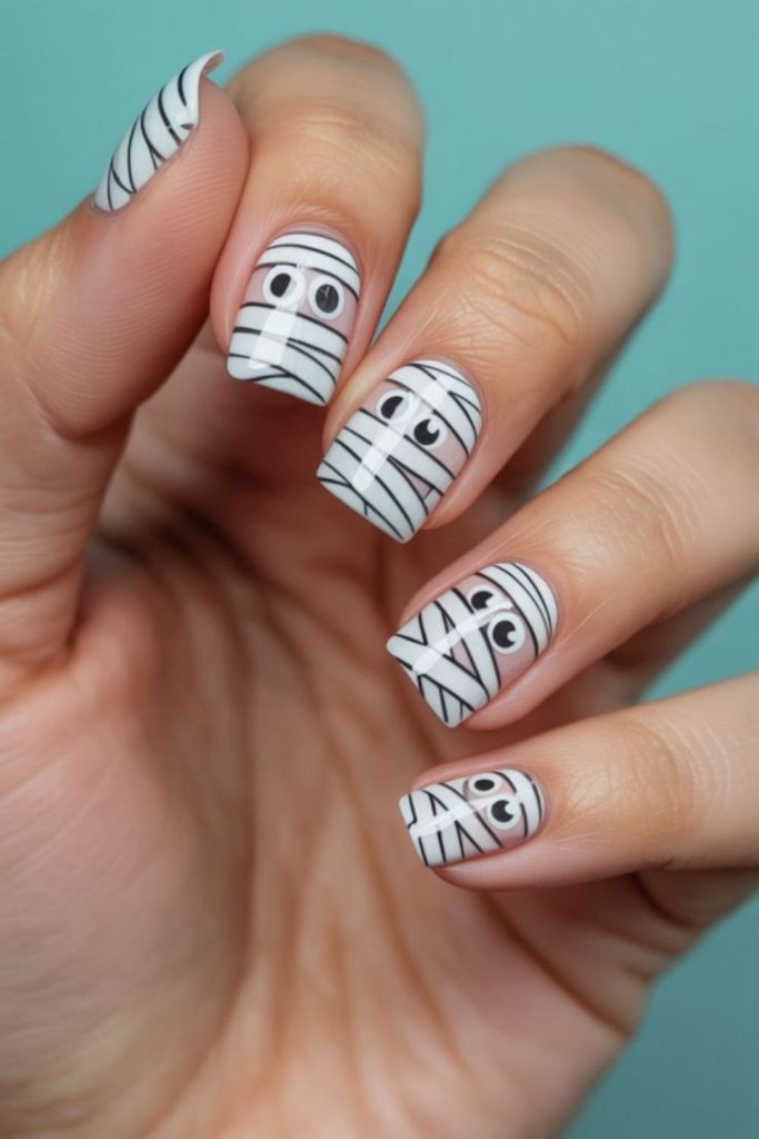Mummified wrappings creepy Halloween nail theme.