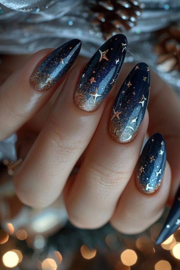 Nutcracker navy gold Christmas nails.