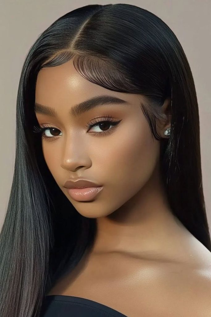 Obsidian sharp straight hairstyle minimal chic.