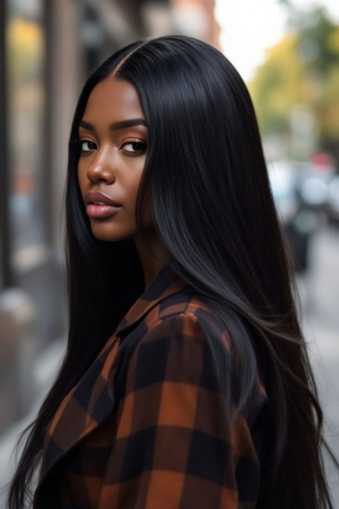 Obsidian-dark smooth flowing hair.