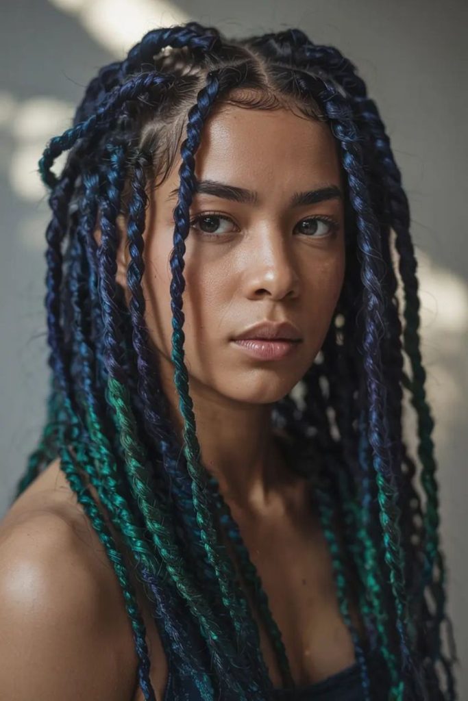 Blue-accent braids with wave motion.