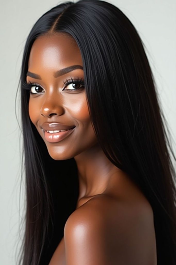 Deep onyx sleek hair look.