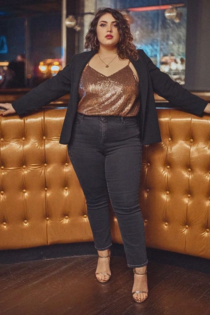 Black denim coat glitter top.