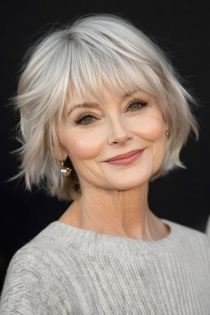 Pearly short bob with smooth shine.