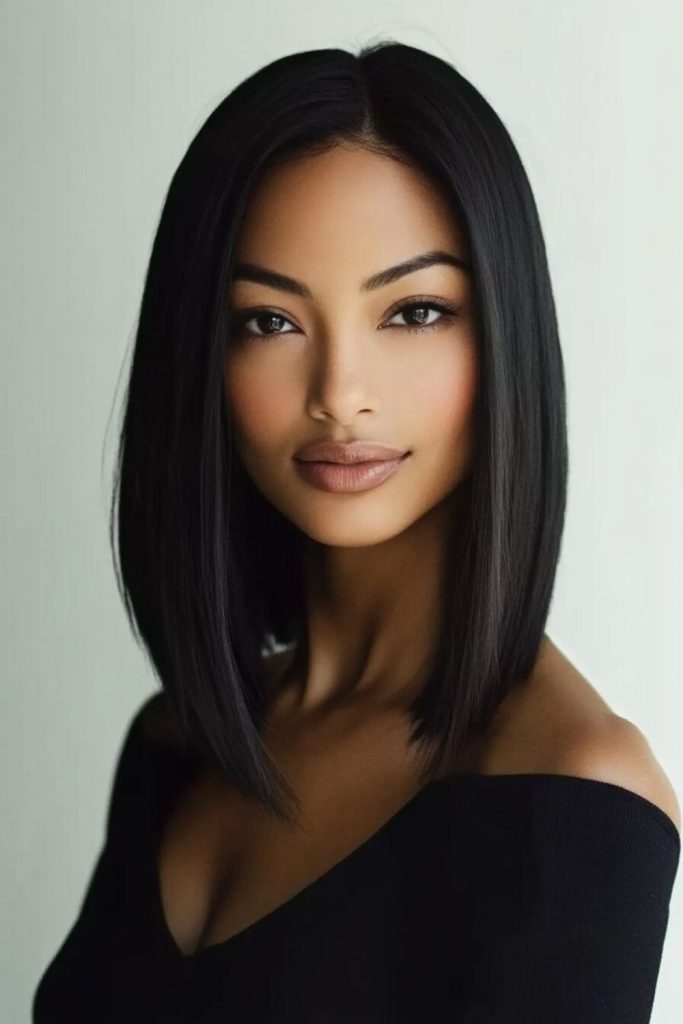 Pearl toned straight hairstyle with shimmer.