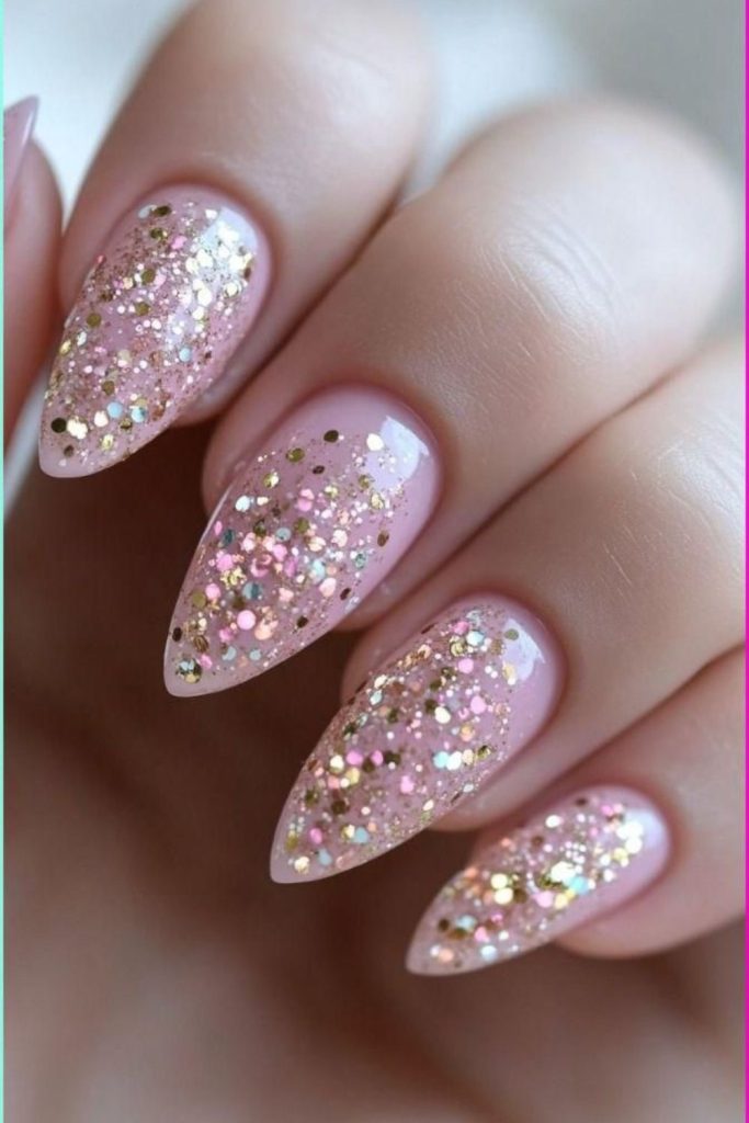 Confetti glitter pink festive manicure.