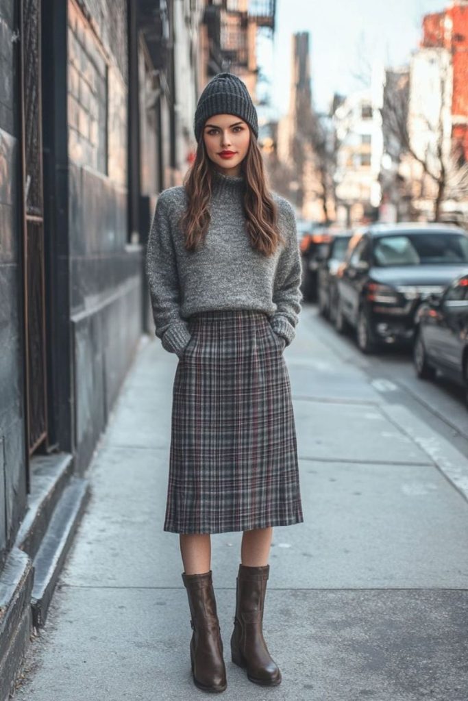Plaid frost whispers vintage winter fashion.