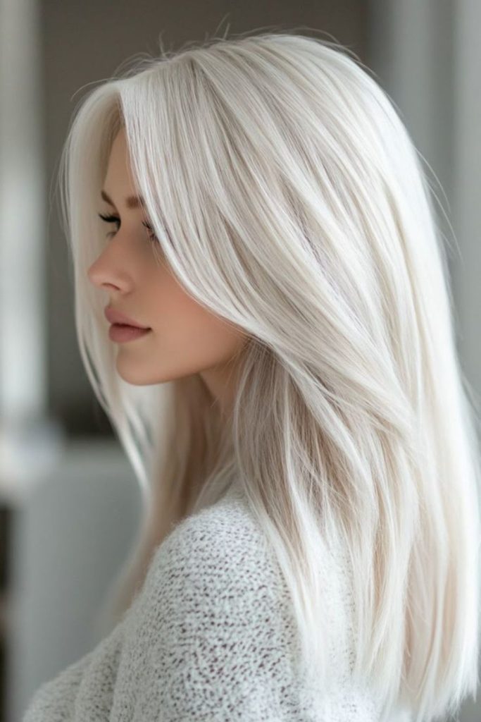 Shiny platinum straight hairstyle glam.