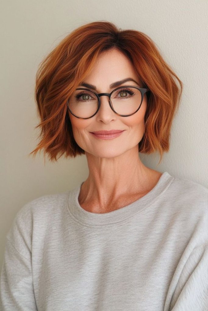 Sleek amber bob with shiny layers.