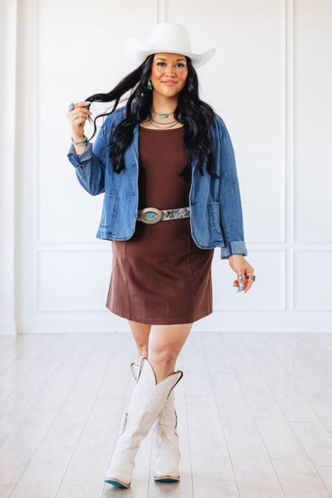 Rust dress and cream boots western flair.