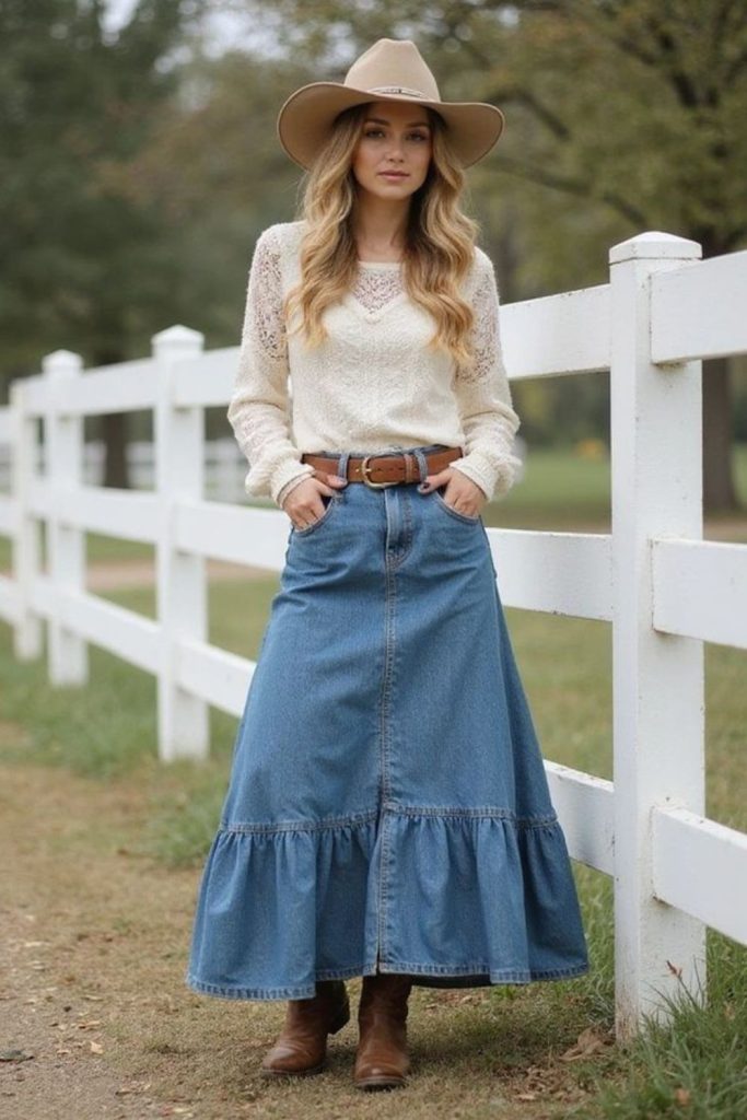 Prairie-inspired denim skirt and linen blouse outfit.