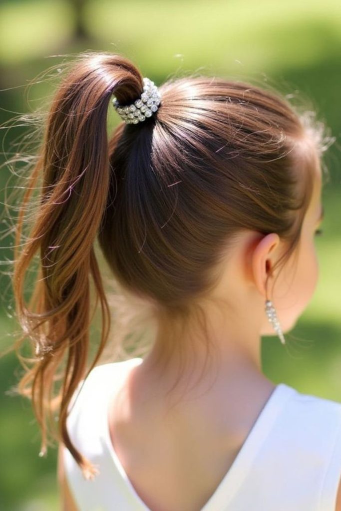 Puffy high ponytail with soft curls.