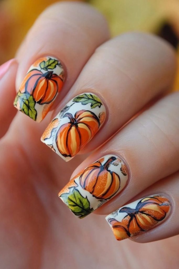 Pumpkin patch autumn themed nail art.