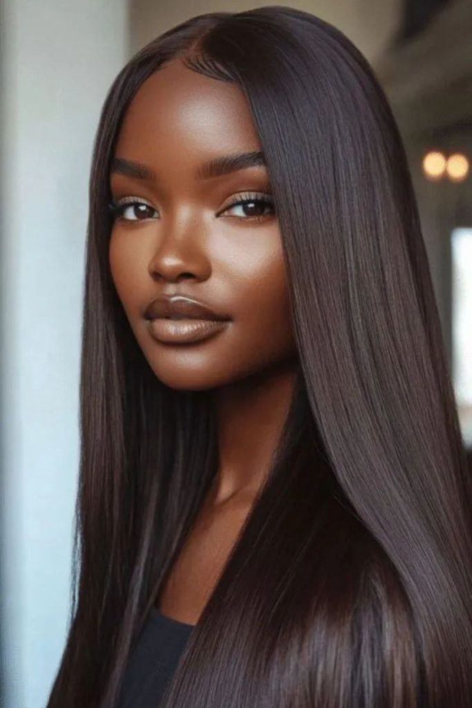 Raven bronze sleek hairstyle with glow.