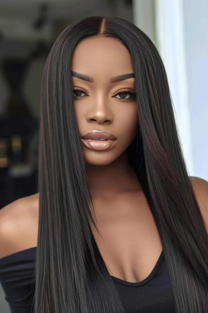 Layered raven straight glossy hairstyle allure.