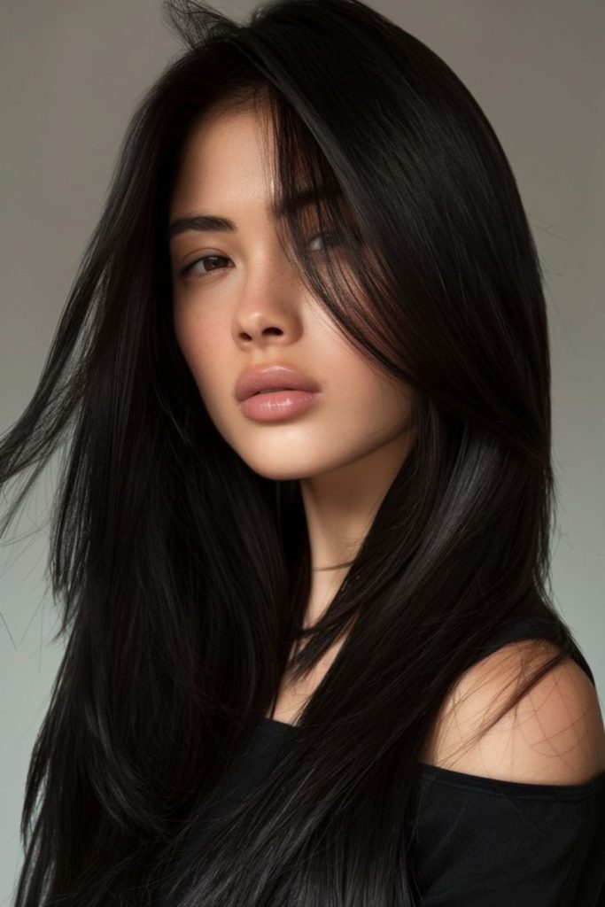 Raven-black precise straight hairstyle.