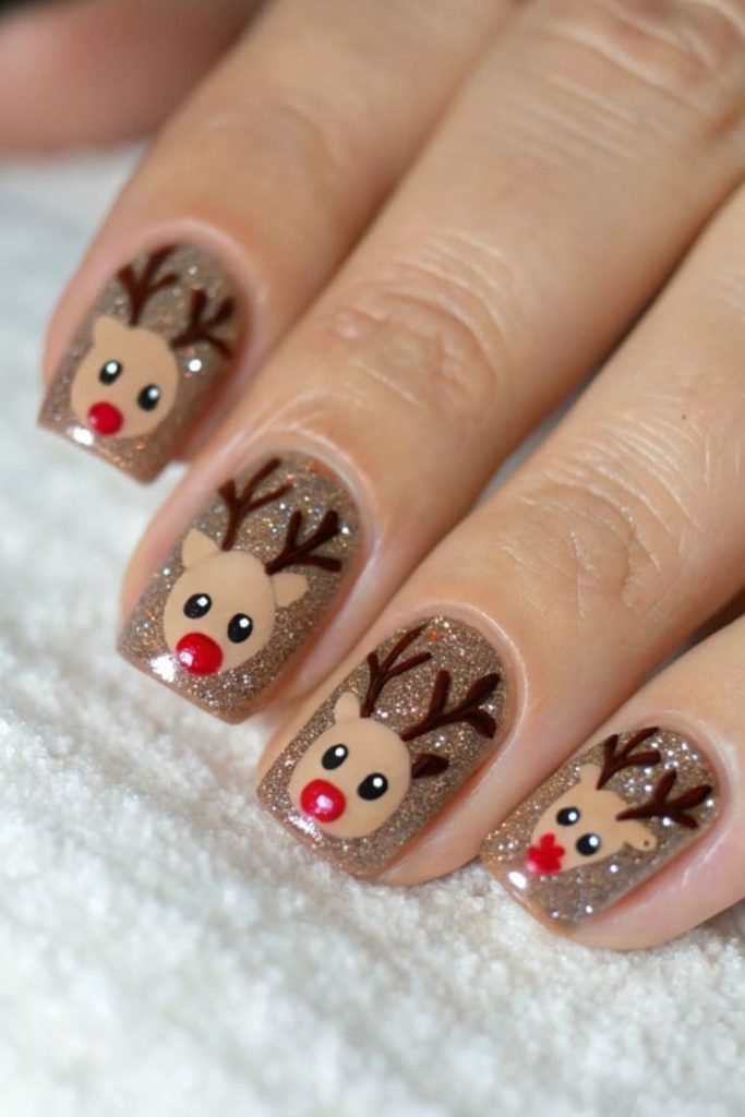 Reindeer-themed Christmas festive nails.