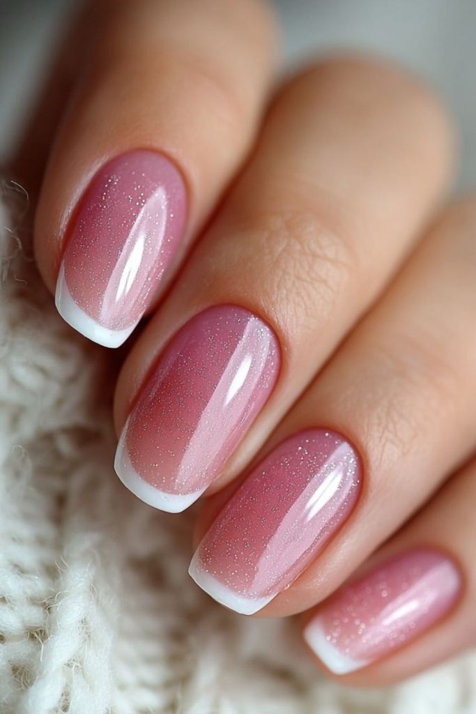 Frosted French pink holiday nails.