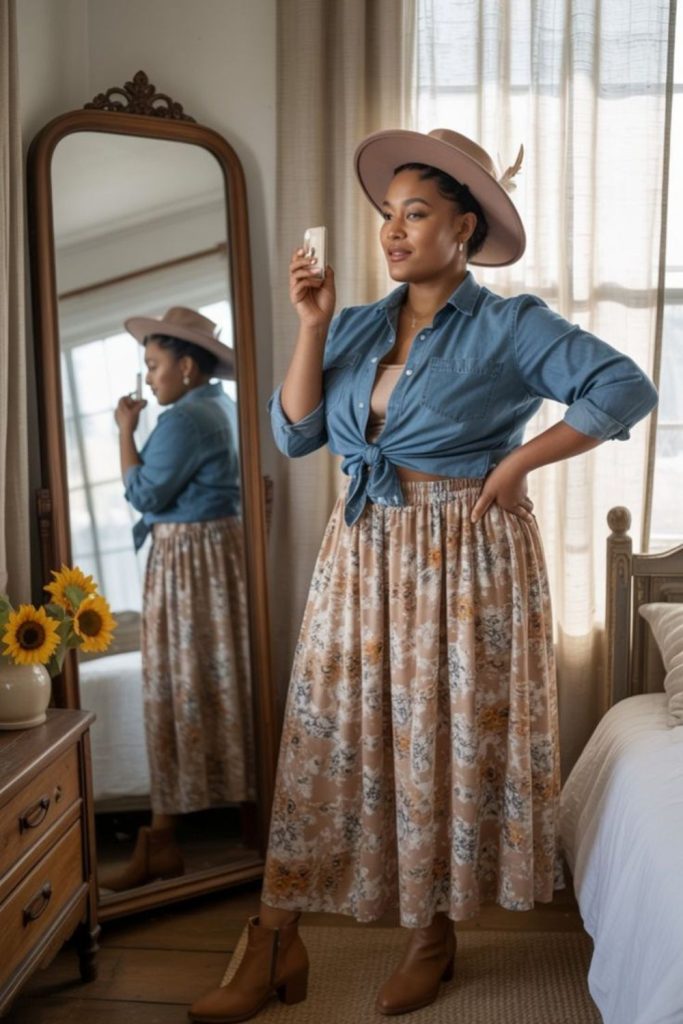 Chambray shirt cream skirt rustic.