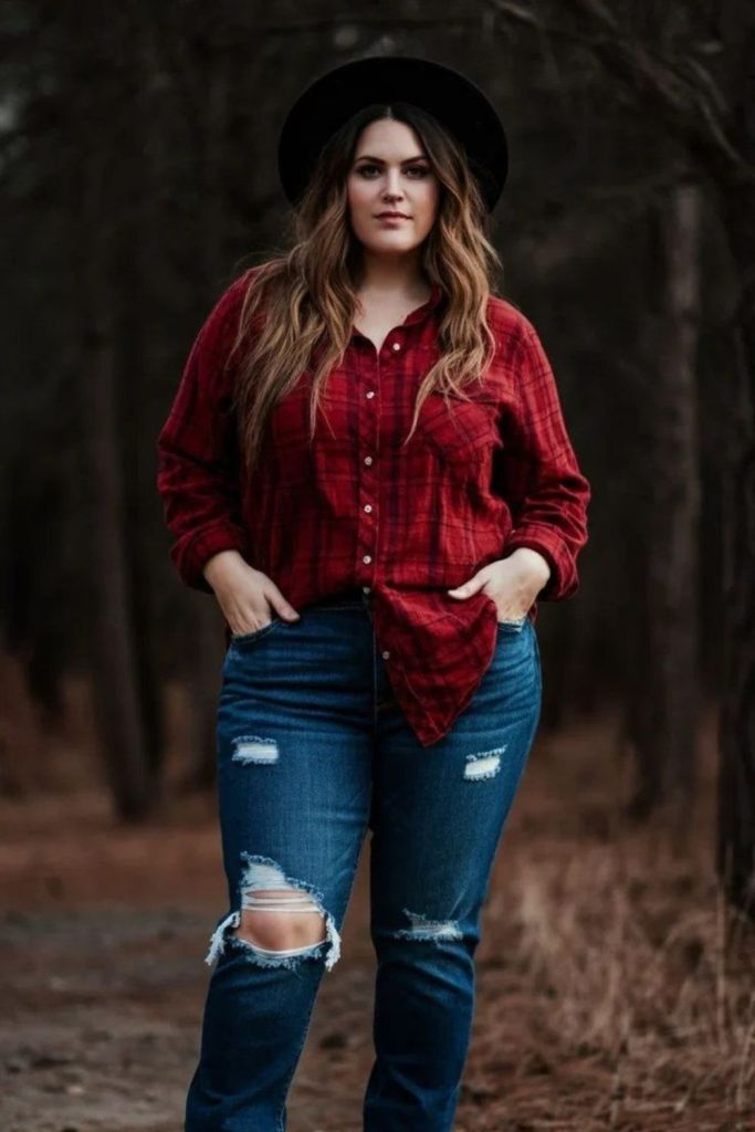Rose plaid shirt rustic charm.