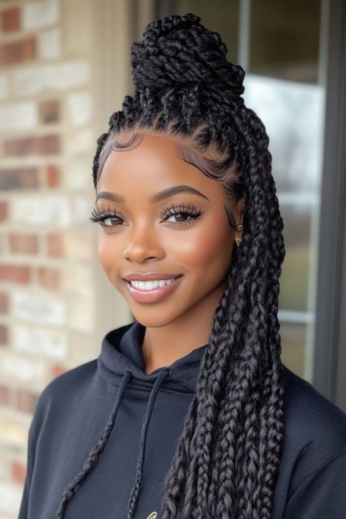 Upswept sable crown braid elegance