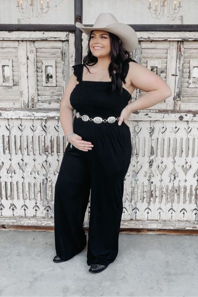 Charcoal jumpsuit cowhide belt style.