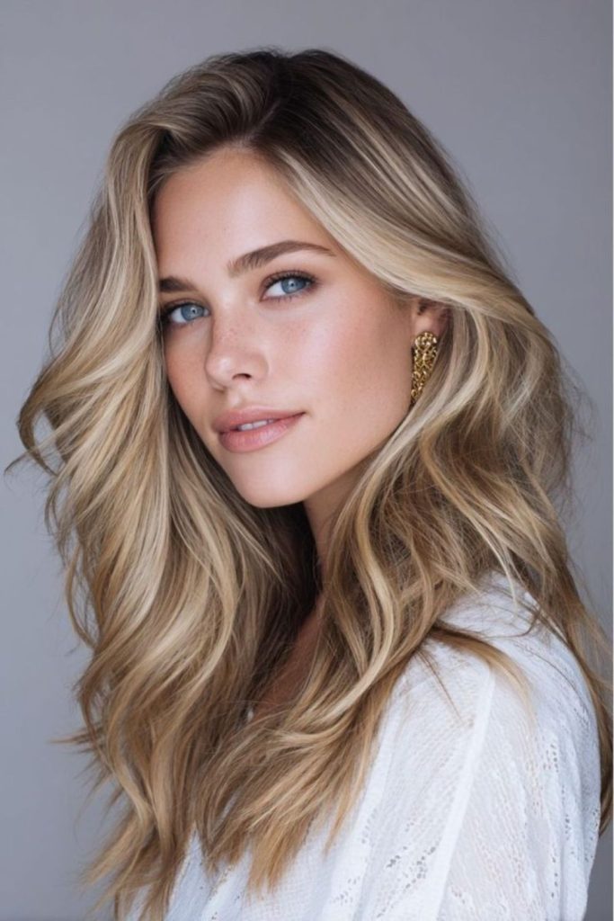 Sandy mocha shimmer blonde waves.