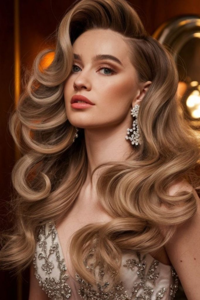 Vintage Hollywood rolled hairstyle.