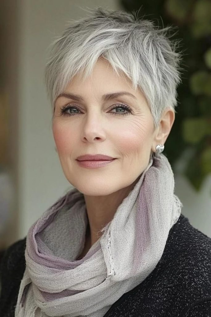 Short silver pixie with airy texture.