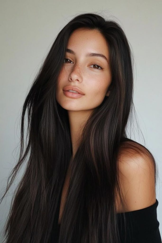 Sleek center-part straight tresses.