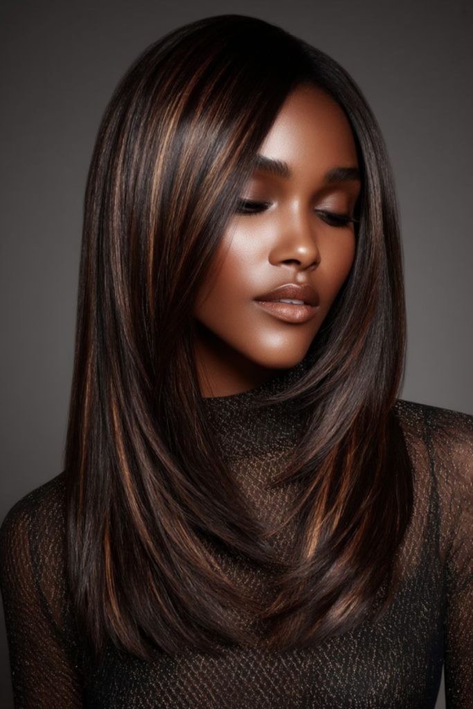 Smoky chestnut sleek straight hair shine.