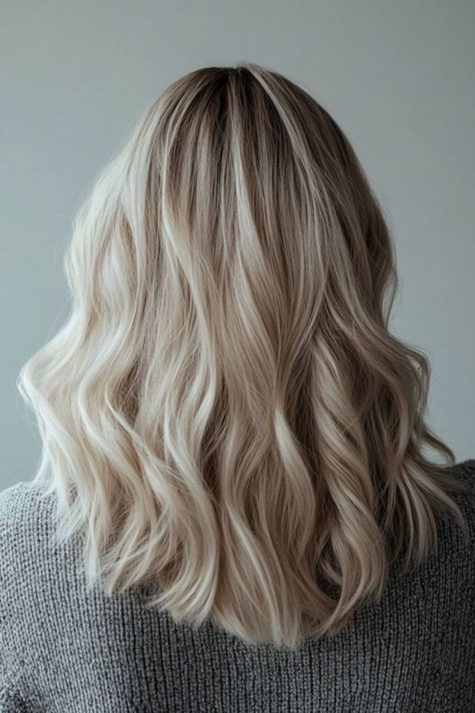 Smoky pearl blonde layered shimmer.