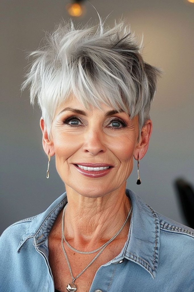 Smoky brown pixie with edgy shape.