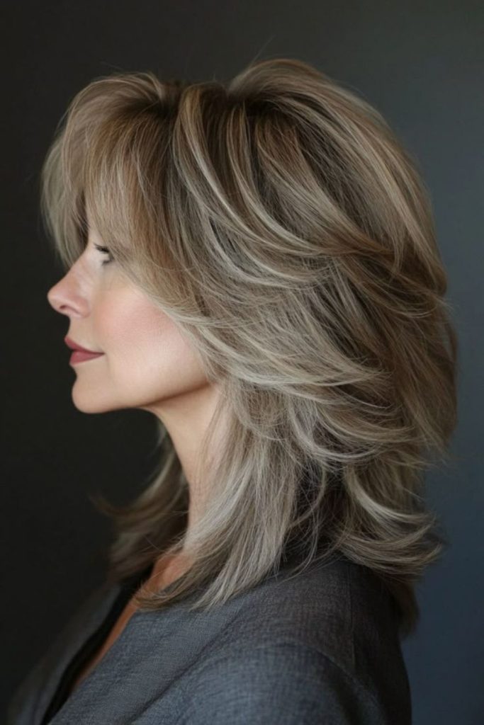 Soft feathered layers medium length hairstyle