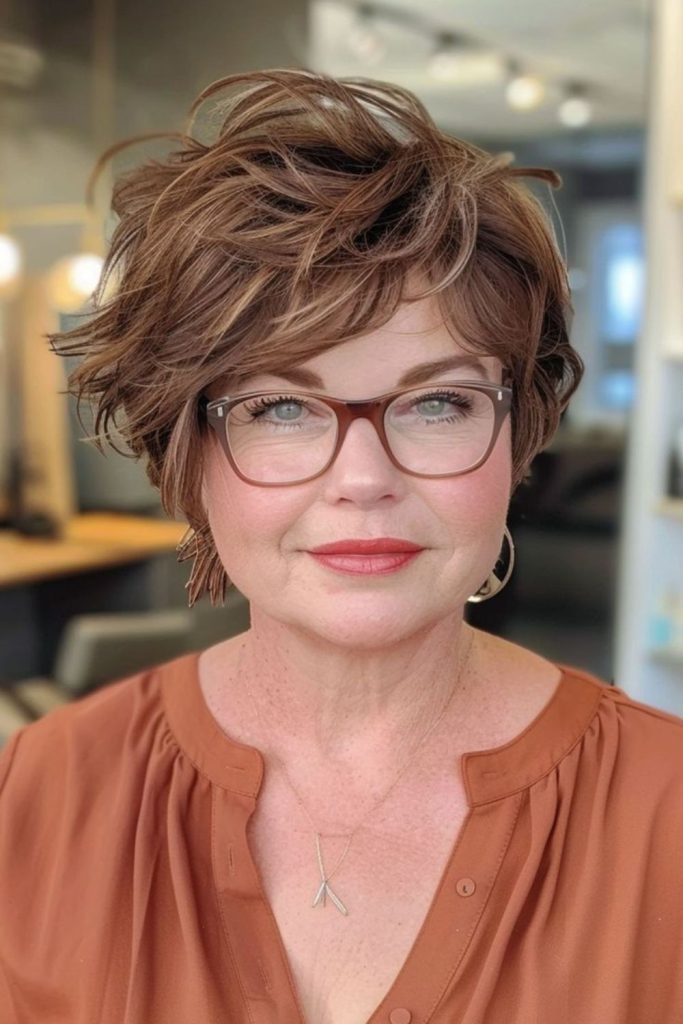 Coppery bob with warm, wavy shape.