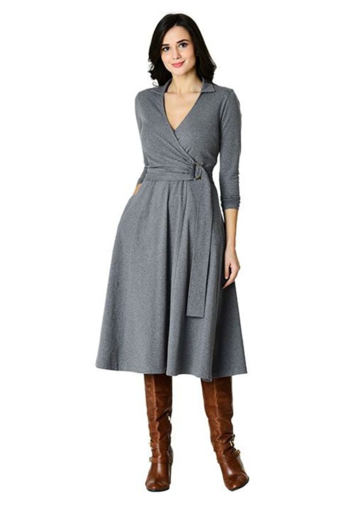 Gray wrap dress and leather knee boots.