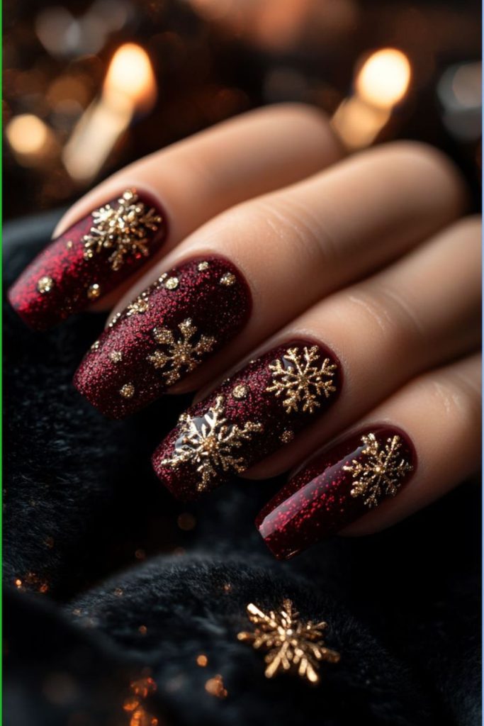 Burgundy gold star gift nails.