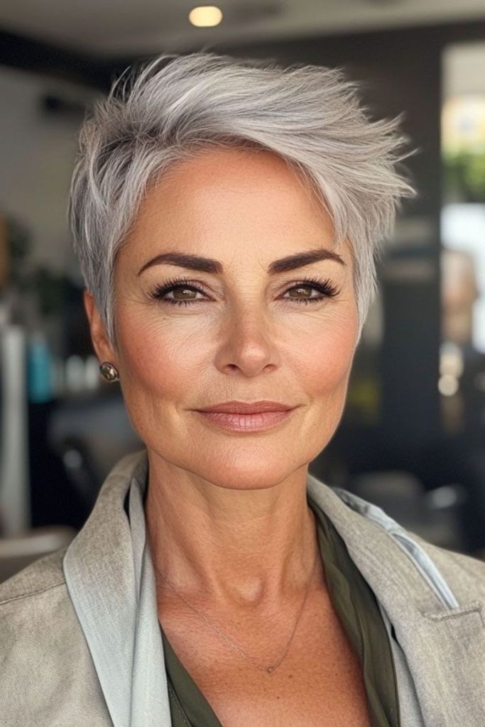 Metallic silver pixie with bold edge.